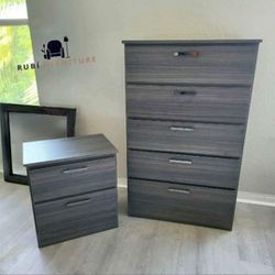 New Charcoal Dresser And 1 Nightstand. 2 Pieces.