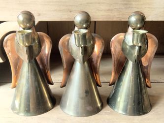 Three Vintage MCM Mid-century Modern Copper Brass Angel Candle Holder Christmas Holiday