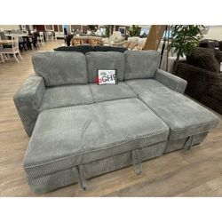 Reversible Dark Gray  / Green Color Corduroy Sectional Sleeper Sofa With Pull Out Bed 