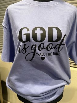Violet Gildan G5000 color  "God is good all the time" graphic tee with black text and heart #faith #christian  Unisex shirt