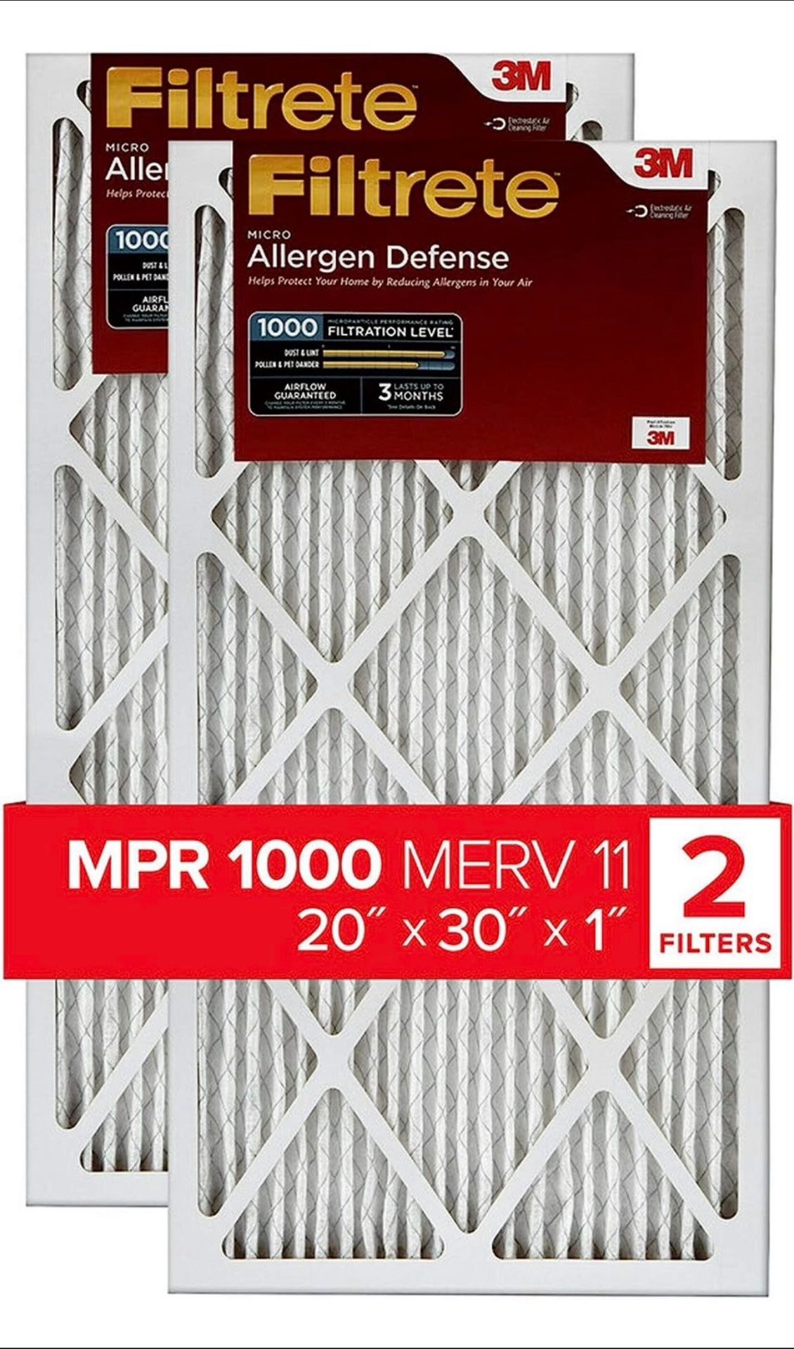 Filtrete 20x30x1, AC Furnace Air Filter, MPR 1000, Micro Allergen Defense, 2-Pac