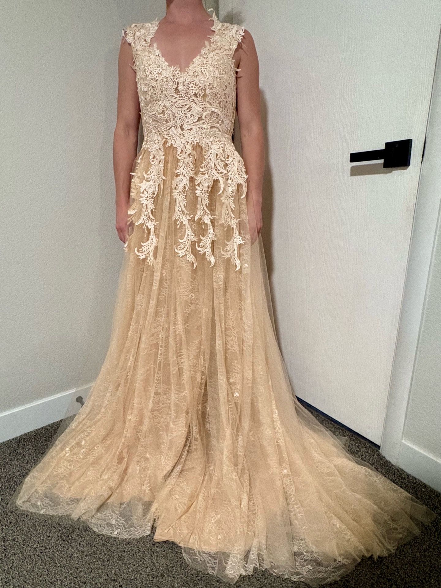 Wedding Dress – Brand New with Tags – Champagne Tulle with V-Neck & Full-Lace Bodice