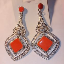 Brand New Silver With Orange Enamel Earrings
