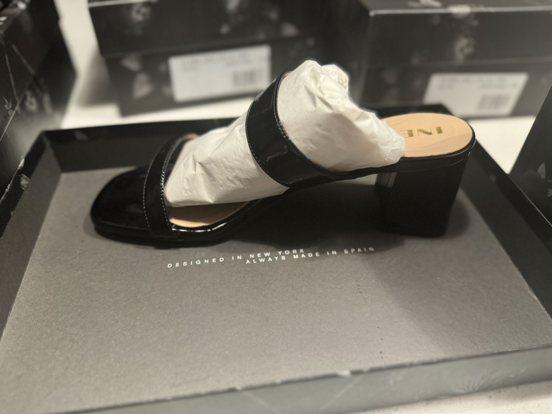 Black Open Toe Two Strap Sandals, 8 1/2 New Patent Leather