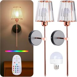 2 Battery Operated Wall Sconces Wireless Rose Gold Rechargeable Dimmable Lamps