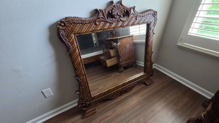 King bed with slats, memory foam mattress, night table, mirror