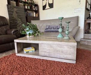 Crate And Barrel Coffee Table With Weathered Acacia Wood And A Concealed Slide Drawer.