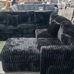 ✅️✅️ 4pc Black  corduroy fabric upholstered sectional sofa with ottoman ✅️✅️