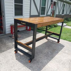 Island/Bar HEIGHT Table On Caster Wheels With Brakes 