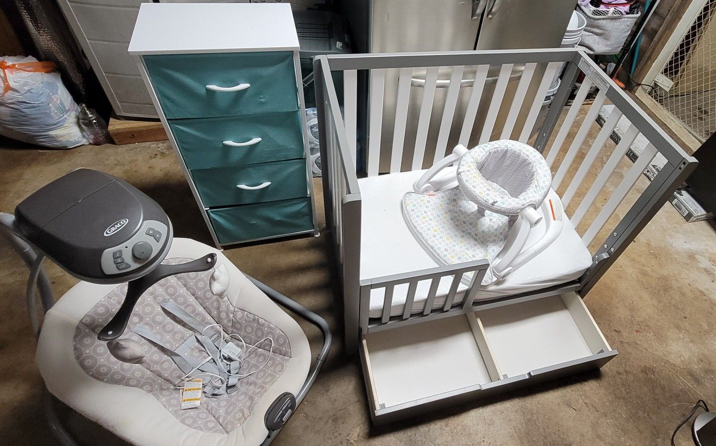 Crib, Baby Swing, Baby Seat, Drawers $100 EVERYTHING TOGHETER