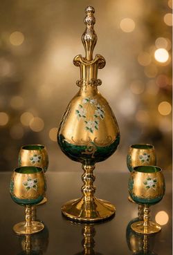 Hand Blown Rare Vintage 24K Gold leaf Murano Glass pitcher and Tumblers- Emerald