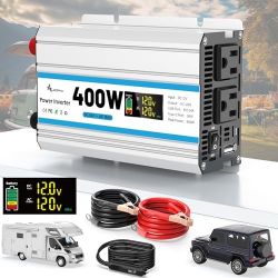 400 Watt Car Power Inverter for Vehicles, Laptop, RV, Truck - LED Display, 50A Battery Cables, Cigarette Lighter, 18W USB amp 36W USB-C Port, Peak 800