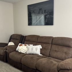 Sofa, Comfortable Brown Sofa With Leather inserts