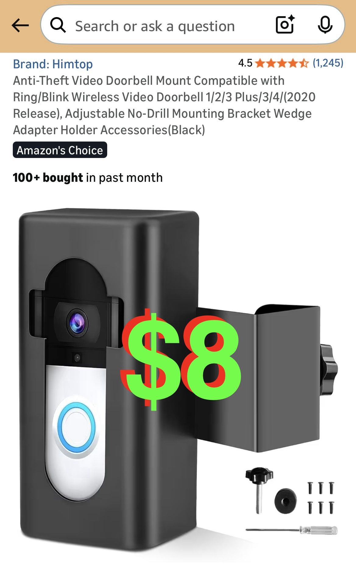 Anti-Theft Video Doorbell Mount Compatible with Ring/Blink Wireless Video Doorbell 1/2/3 Plus/3/4/(2020 Release), Adjustable No-Drill Mounting Bracket