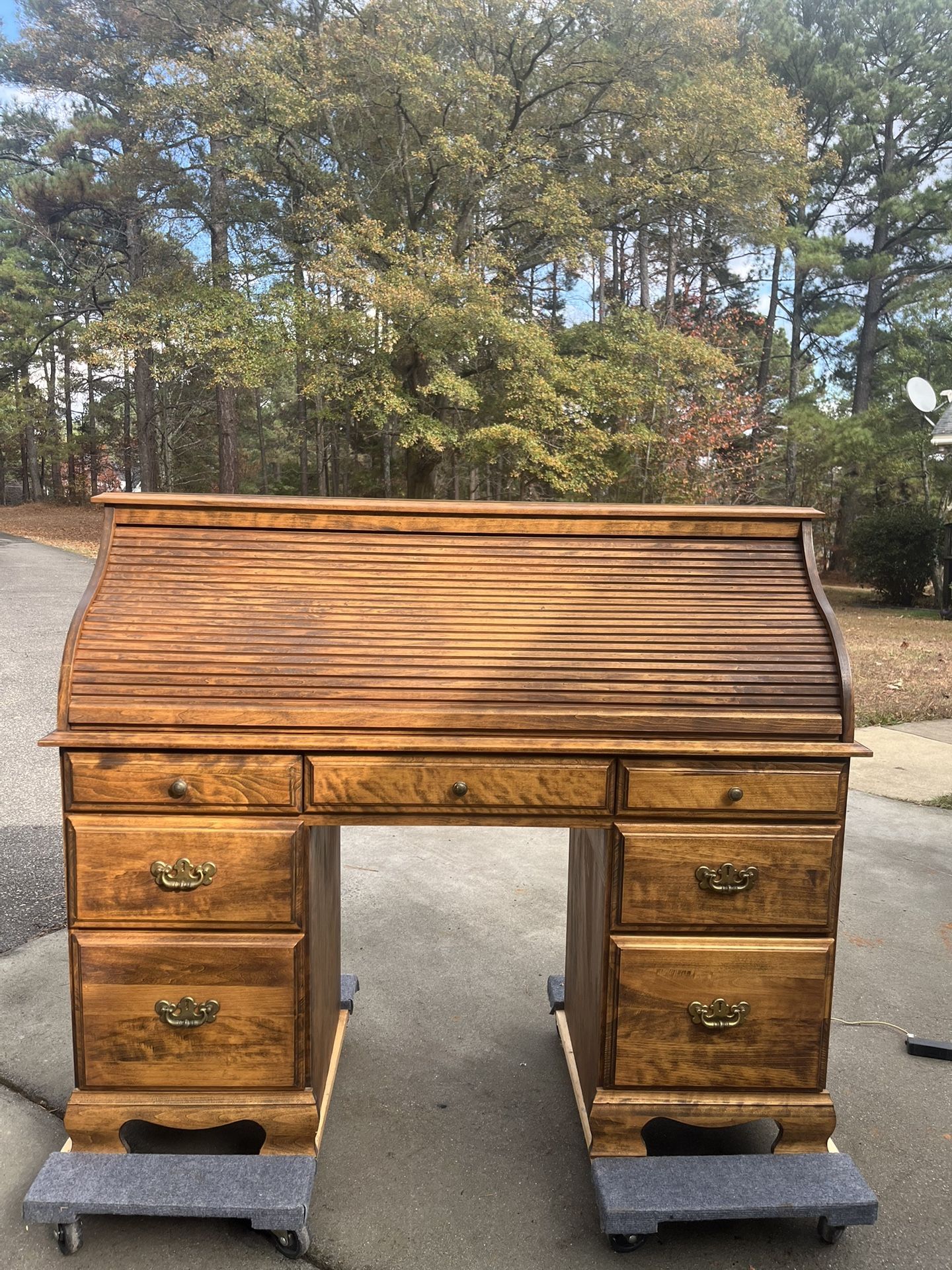 Solid Pine Rolltop Desk With 7 Drawers, Cubbies and Built in Fluorescent Light