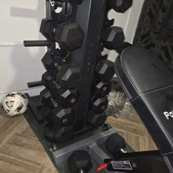 Set Rubber  Octagonal Dumbbells Like New With Rack