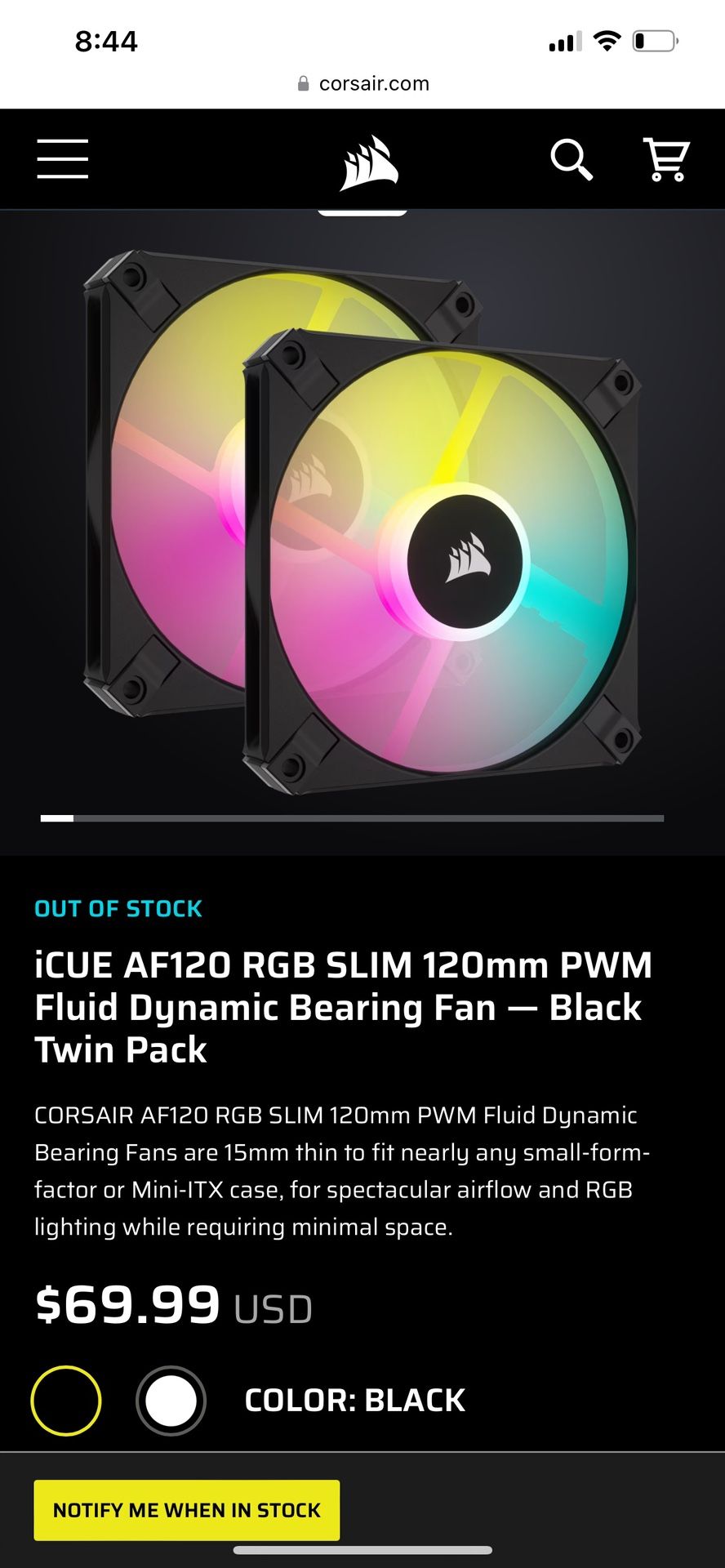 iCUE AF120 RGB SLIM 120mm PWM Fluid Dynamic Bearing Fan — Black Twin Pack