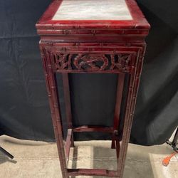Vintage plant stand with inlaid stone top, carved bamboo design - fair condition