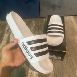 Size 9 White And Black Adidas Slides
