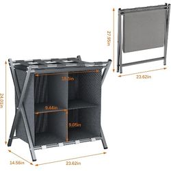 Luggage Rack with storage, Guest Room Folding Suitcase Stands, Holds up to 120 lb, Space Saving Suitcase Holders for guest room, Bedroom Hotel, Grey