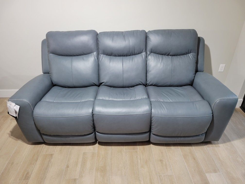 New Mindanao Slate Dual Power Reclining 100% Top Grain Leather Sofa Zero Gravity 4 Way Full Recline USB Ports