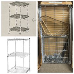NEW 18” Square 36"h Chrome Wire Shelving w/ 3 Shelves on Wheels. 3 Shelf metal storage shelving unit. Open box, never assembled 