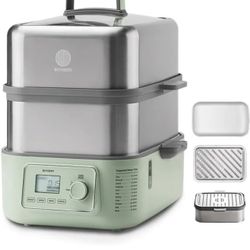 BUYDEEM G67US-A503 Electric Food Steamer for Cooking, 2 Tire Stainless Steel Steamer with Manual Mode, 1500W, 14 Quart, Green