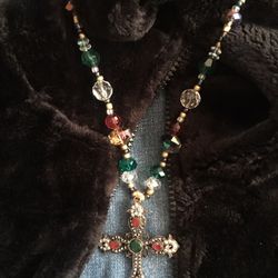 Handmade rhinestone necklace with cross