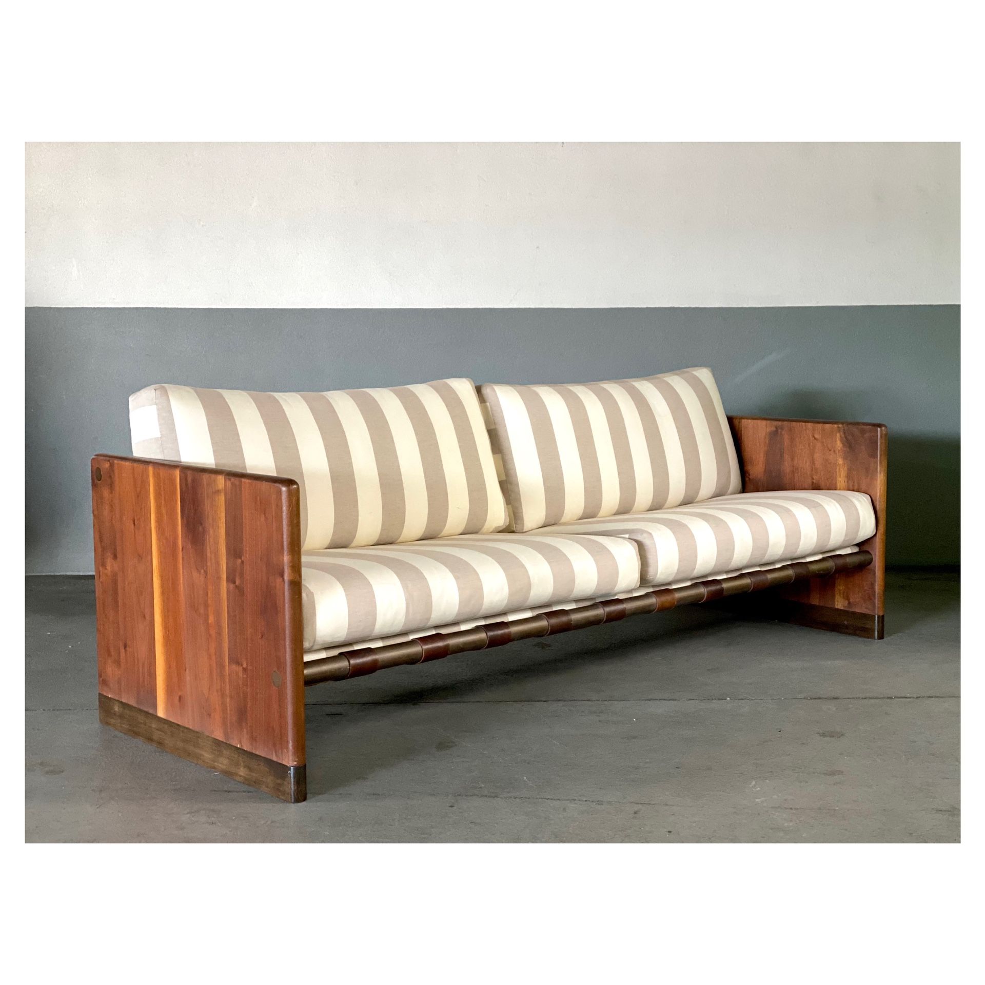 Vintage Mid Century Modern Walnut Case Sofa, Leather Strap Sling Style