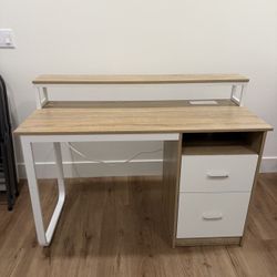 Office Desk with Drawers, 47" Computer Desk with Power Outlets & LED Light, Home Office Desk with Storage & Monitor Stand, White