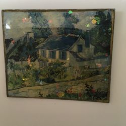  Cottage Scene Pin 2 X 2 1/5” Minature Scene Plastic  With Sparkles Used Excellent Condition 