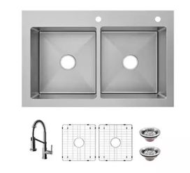 New Stainless Steel 33 in. Drop-In 50/50 Double Bowl 18 Gauge Kitchen Sink w/ Spring Faucet
