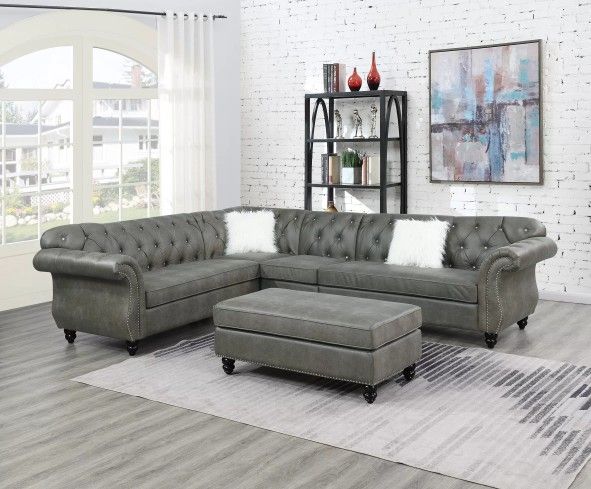 Brand New Grey Leather Retro Style Sectional Sofa (Ottoman Sold Separately)