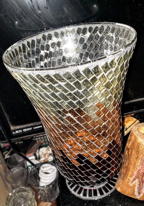 Very Beautiful Tall, 9 3/4", Brown Mosaic Glass Candle Globe