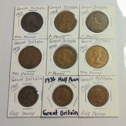 Lot of (9) Great Britain One and Half Penny Coins for Collecting