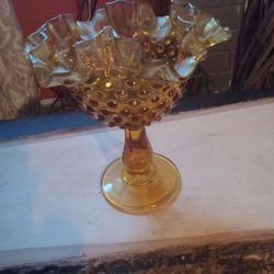 Vintage Fenton Hobnail Ruffled Edge Amber Glass Compote 