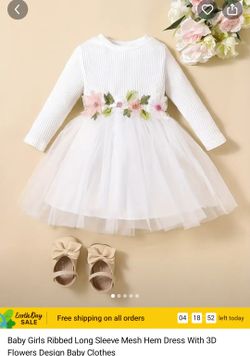 Baby Girls Ribbed Long Sleeve Mesh Hem Dress With 3D Flowers Design Baby Clothes