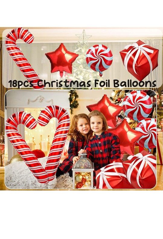 Christmas Balloon Garland Arch kit, 147PCS Christmas Decorations with Red White Balloons, Candy Cane, Gift Box, Red Star Foil Balloons for Indoor or O