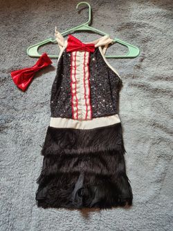 Dance Costume Black with red and white, one piece, sequence, fringe, built in shorts, size 7-8