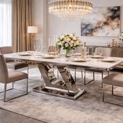 Luxury Marble Dining Table – Chrome Sculptural Base – Modern Glam (TABLE ONLY)