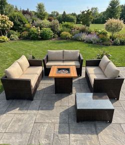 Ovios brand high quality deep seating cushions patio furniture set with fire pit propane outdoor patio furniture fully assembled inside the box deep s