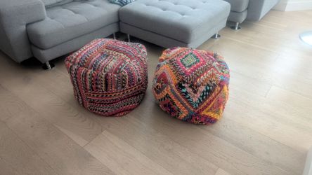 boho-style woven fabric pouf ottoman