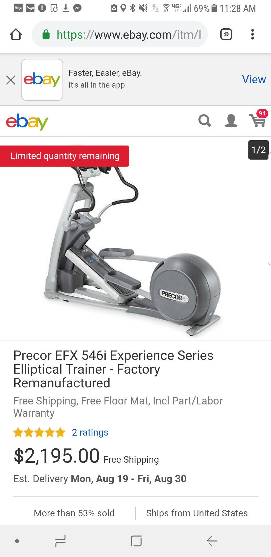 Precor 546i gym quality only used at home elliptical machine