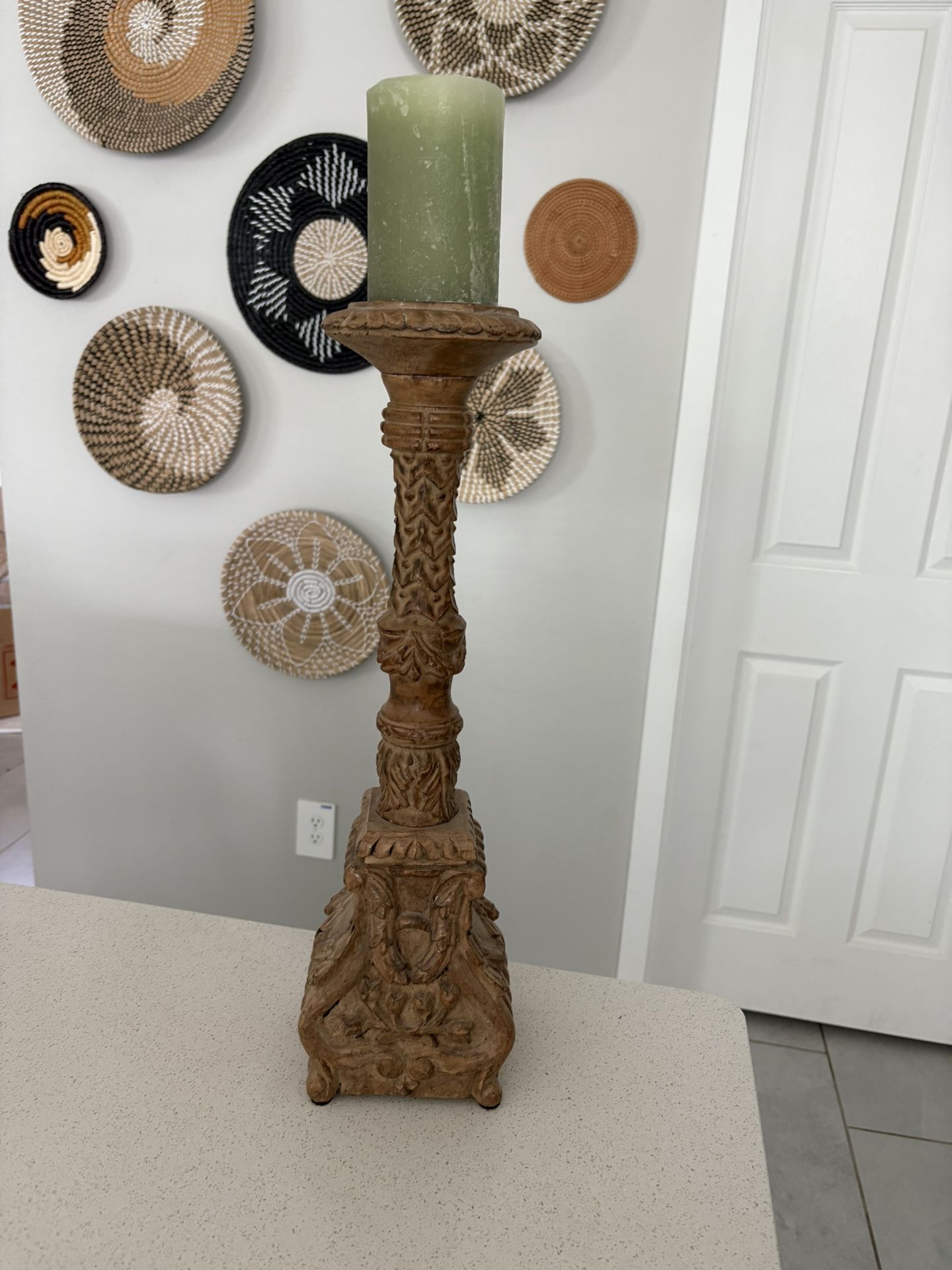 Wood Carved Candle Holder 1 Total 20” Tall