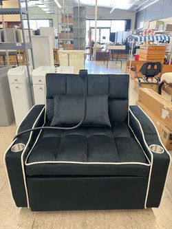 3 in 1 Velvet Futon Sleeper Sofa Pull Out Couch Bed w/ Phone Holder & USB Ports - Black