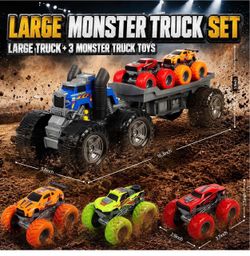 Monster Truck Toys, Light Up Friction Powered Car Toys for Boys Age 3 4 5 6 Push and Go Detachable Trailer Monster Truck with 3 Car Toys, Christmas Bi