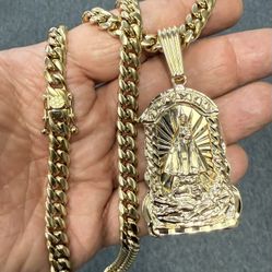 14k Stamped Gold Plated Saint Lazaro Pendant And Miami Cuban Necklace