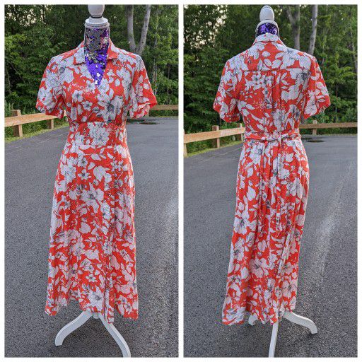 Maeve by Anthropologie US Size 8 Collared Orange & White Long Dress with Pocket
