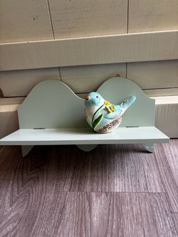 Small Sage Green Wooden Wall Shelf with cement bird