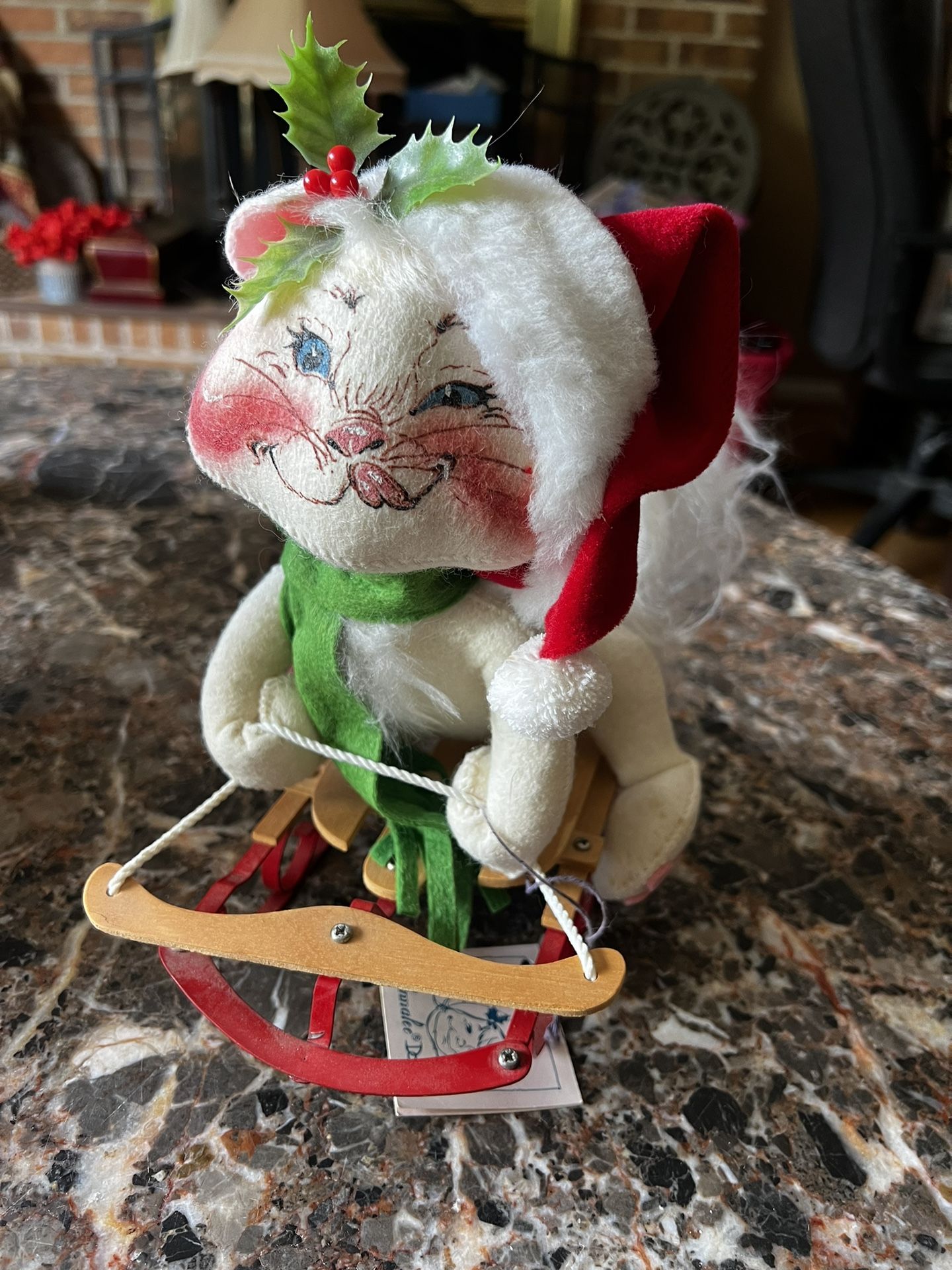 Vintage Annalee Dolls White Cat Wood Sled Christmas Holiday Figure
